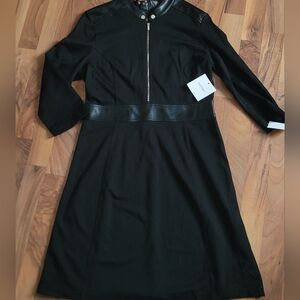NWT Ellen Tracy Size L Black Faux Leather Trim Zip Dress Career Cocktail